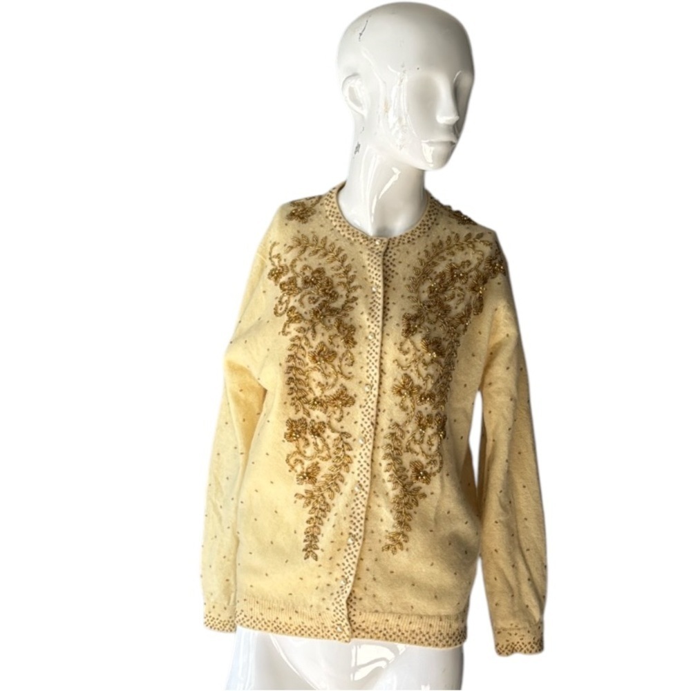 Vintage Butter Yellow & Gold Beaded Pearl Button Soft Cardigan Size XS/S
